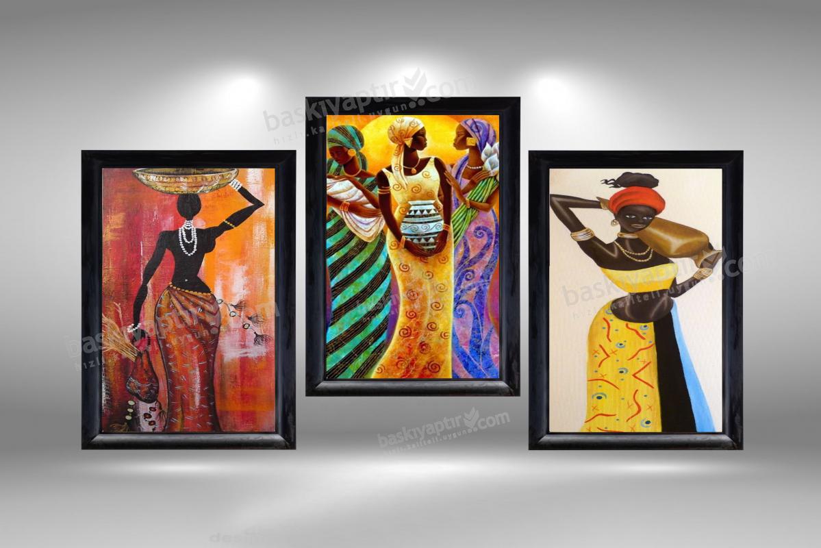 ’’Sosyetik Afrikalı Kadın’’ 3 Parça Lüks Çerçeveli Duvar Panosu