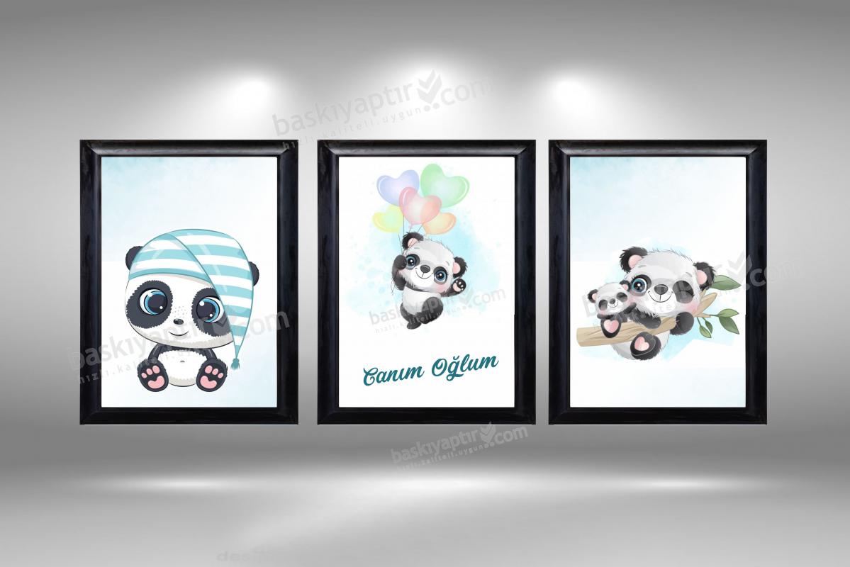 ’’Erkek Panda’’ 3 Parça Çerçeveli Ahşap Duvar Panosu