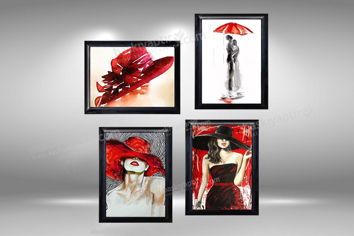 ’’Kırmızı Şapkalı Kız’’ 4 Parça Çerçeveli Ahşap Duvar Panosu